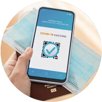 A light-skinned hand holds a face mask and a mobile phone showing a digital Covid-19 vaccine record.